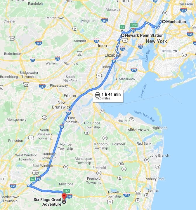 Map NYC Manhattan to Six Flags By Bus